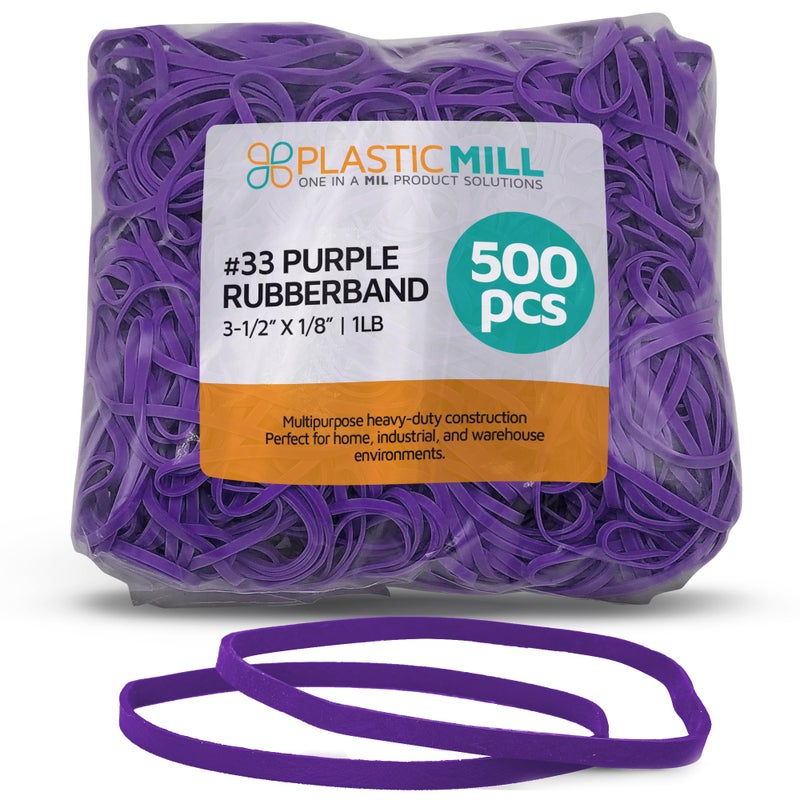 PlasticMill Purple Rubber Bands Size 33 (3 1/2" x 1/8") - #33 Colored Rubber Bands Office Supplies - Strong, Elastic Bands for Crafts, Balloon Garland, Cash, File Folders (500-Pack) - Image 1